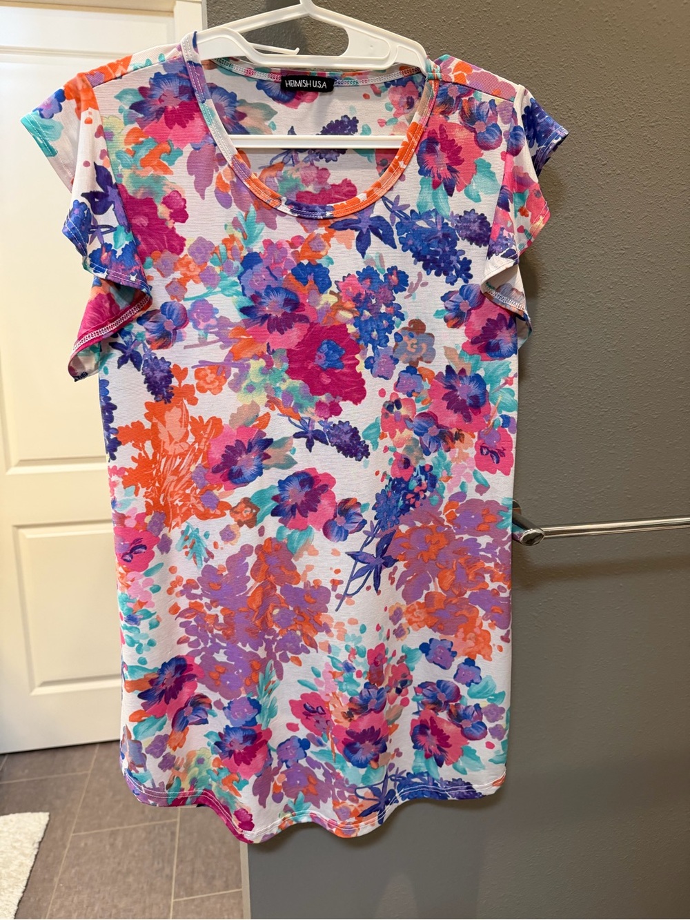 HEIMISH USA Floral Short Sleeve Tee in White with Pink, Purple & Orange Accents